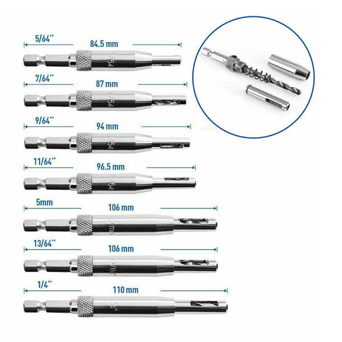 7-Piece Centre Drill Bits Set Self Centering Hinge Hole Drilling 1/4" Hex Shank
