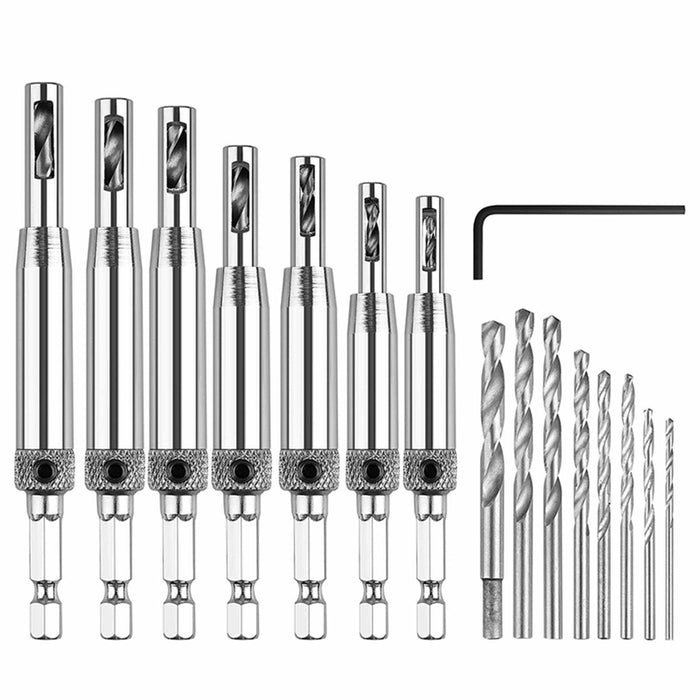 7-Piece Centre Drill Bits Set Self Centering Hinge Hole Drilling 1/4" Hex Shank