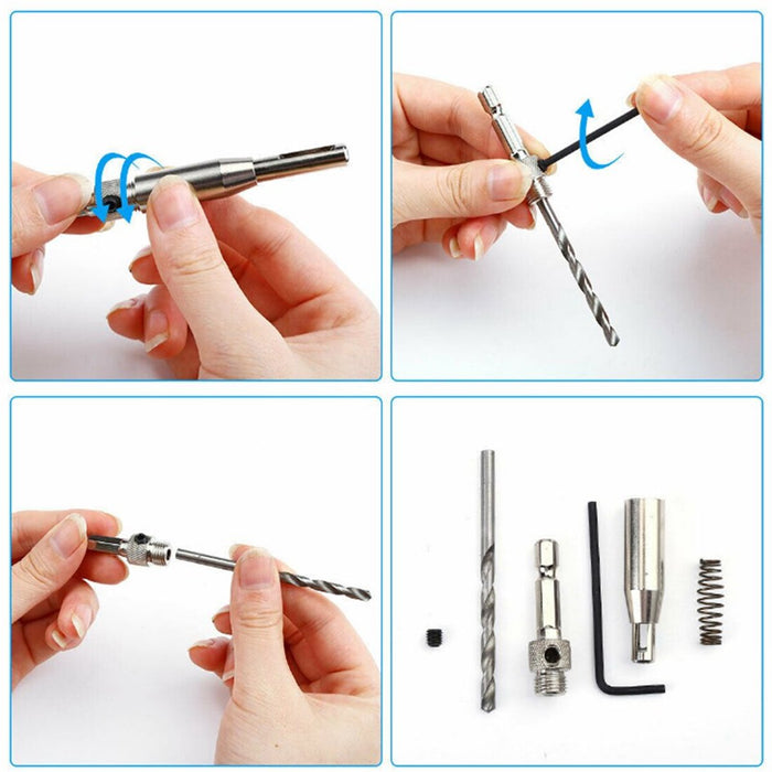 7-Piece Centre Drill Bits Set Self Centering Hinge Hole Drilling 1/4" Hex Shank