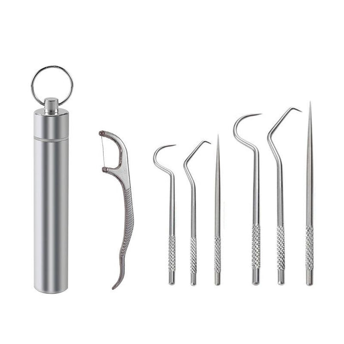 8pcs Stainless Steel Toothpick Set Metal Flossing Portable Toothpick Box Holder