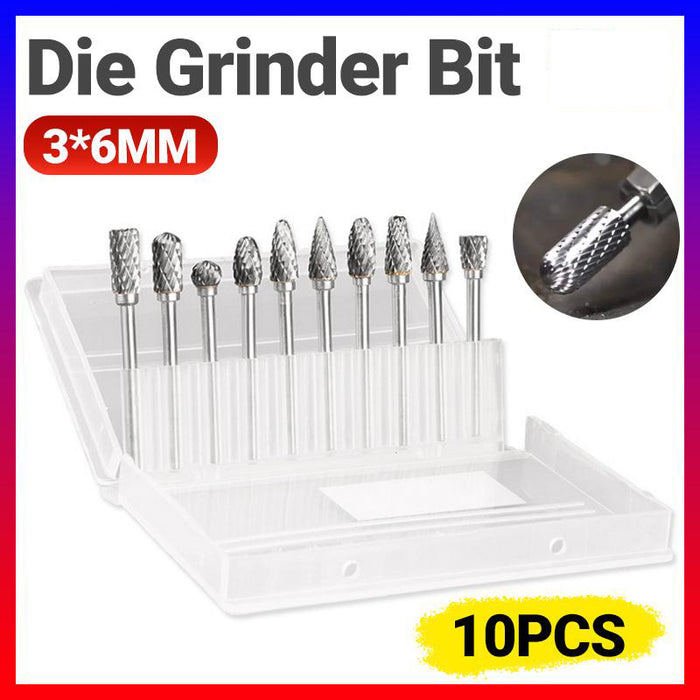 10PCS 6MM Head Tungsten Steel Carbide Rotary Burr Bur Die Grinder Bit + Case Set