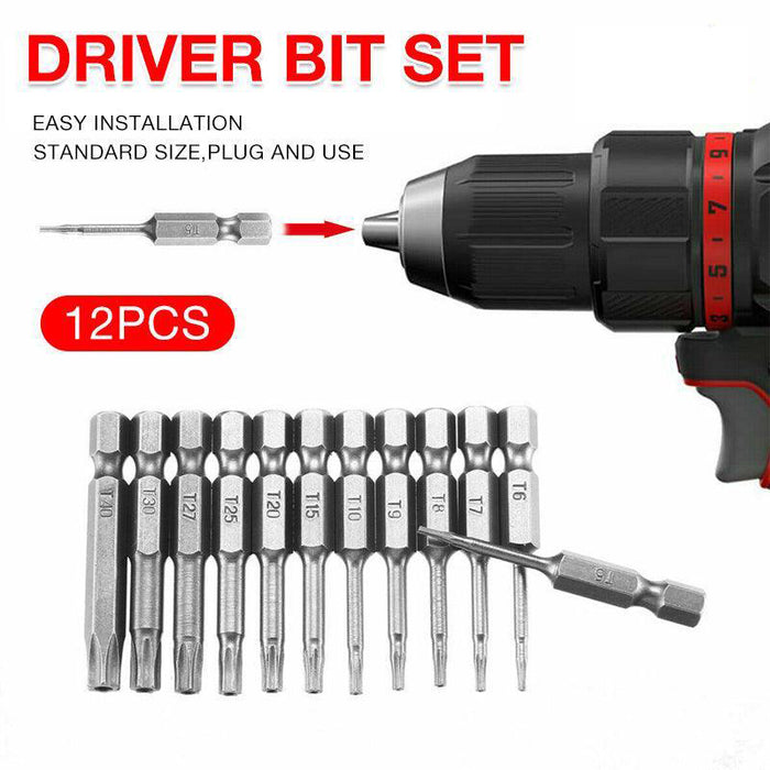 Torx Head Magnetic Screw Driver Bit Set 12pc Hex Shank