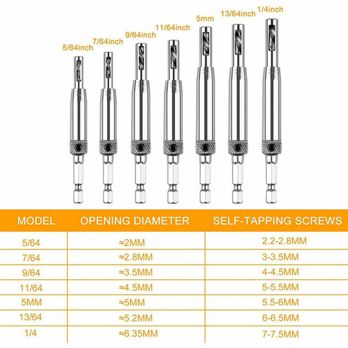 7-Piece Centre Drill Bits Set Self Centering Hinge Hole Drilling 1/4" Hex Shank