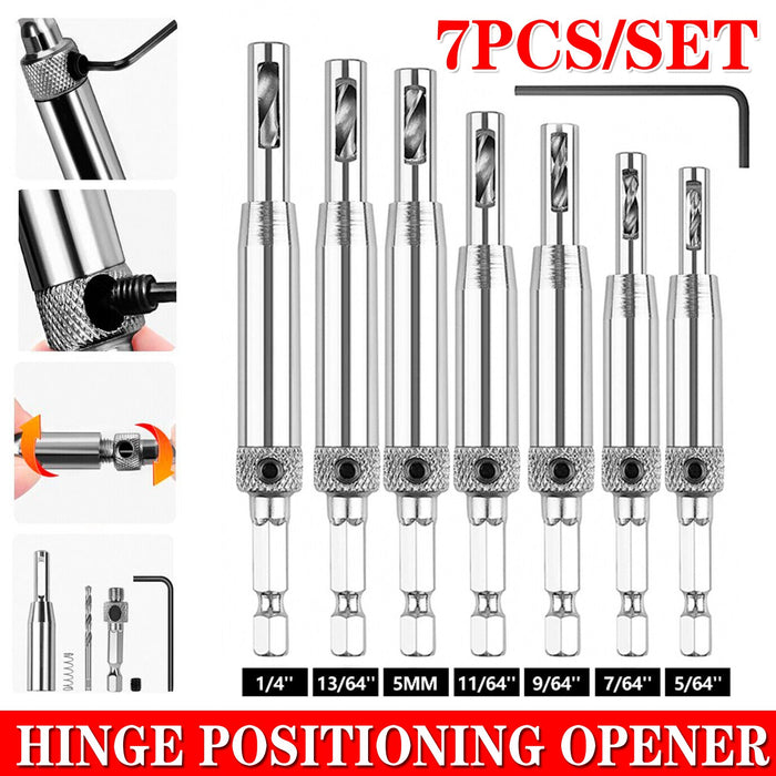 7-Piece Centre Drill Bits Set Self Centering Hinge Hole Drilling 1/4" Hex Shank