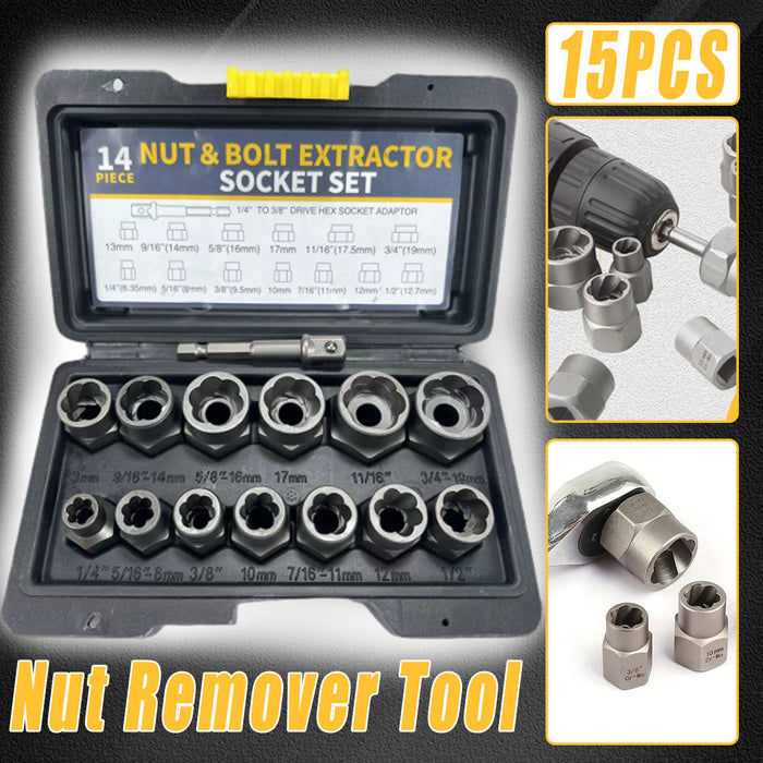 15pcs Impact Damaged Bolt Nut Screw Remover Tool Kit with Socket Threading Extractor