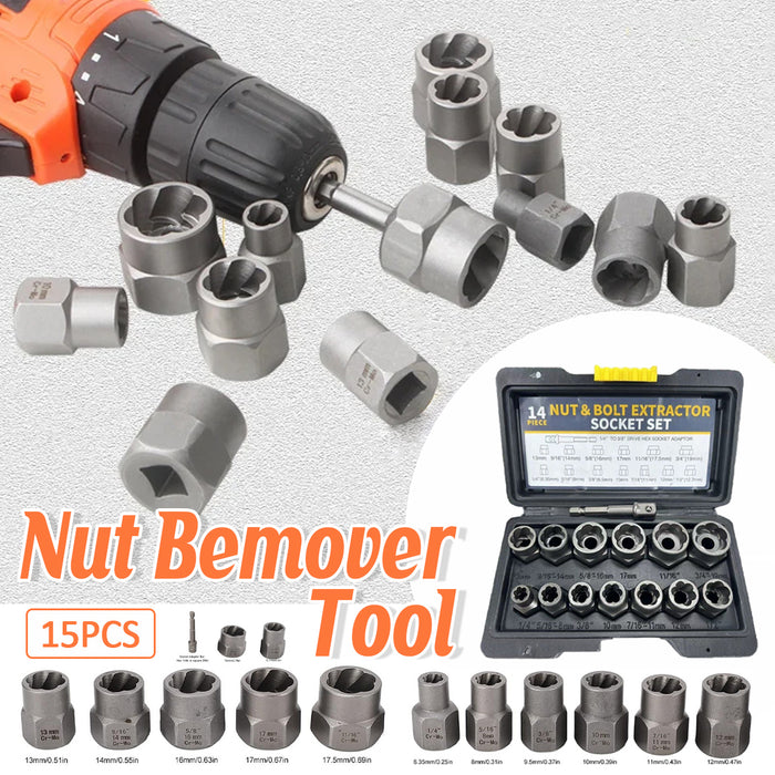 15pcs Impact Damaged Bolt Nut Screw Remover Tool Kit with Socket Threading Extractor