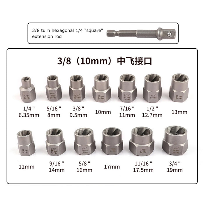 15pcs Impact Damaged Bolt Nut Screw Remover Tool Kit with Socket Threading Extractor