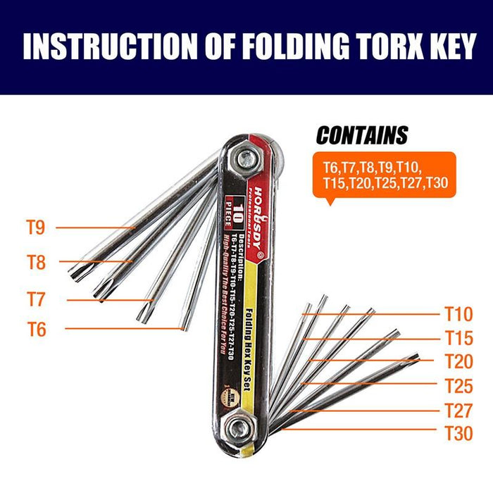 Folding Torx Star Key Set Portable Wrench Tool Chrome vanadium Steel T6-T30