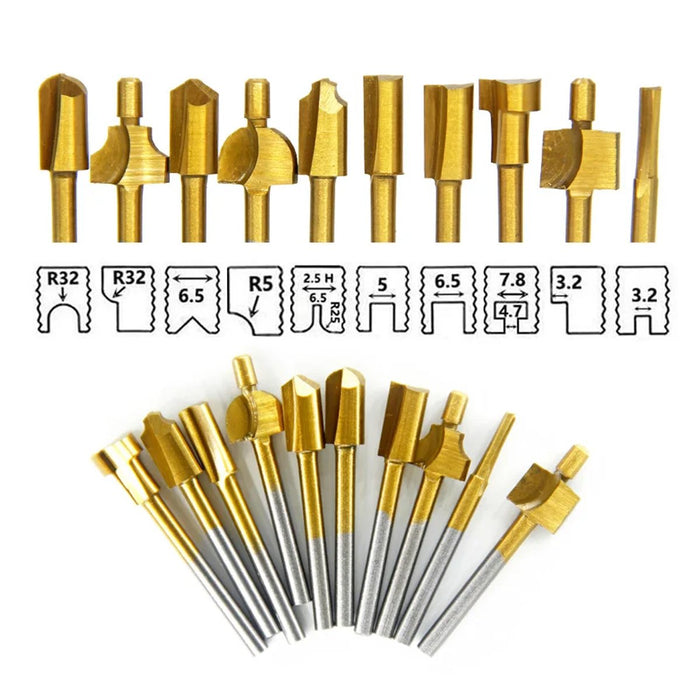 10Pcs 3mm Titanium HSS Router Bits Set for Rotary Trimmer Tools