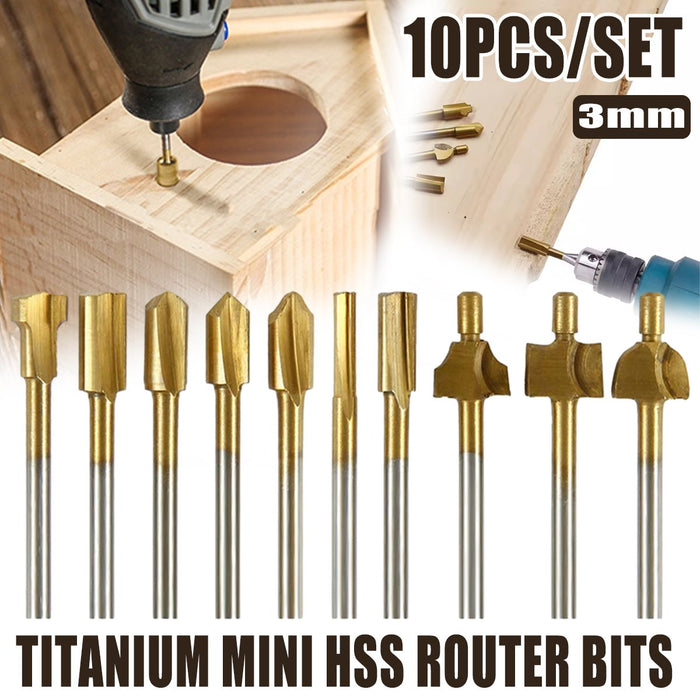 10Pcs 3mm Titanium HSS Router Bits Set for Rotary Trimmer Tools