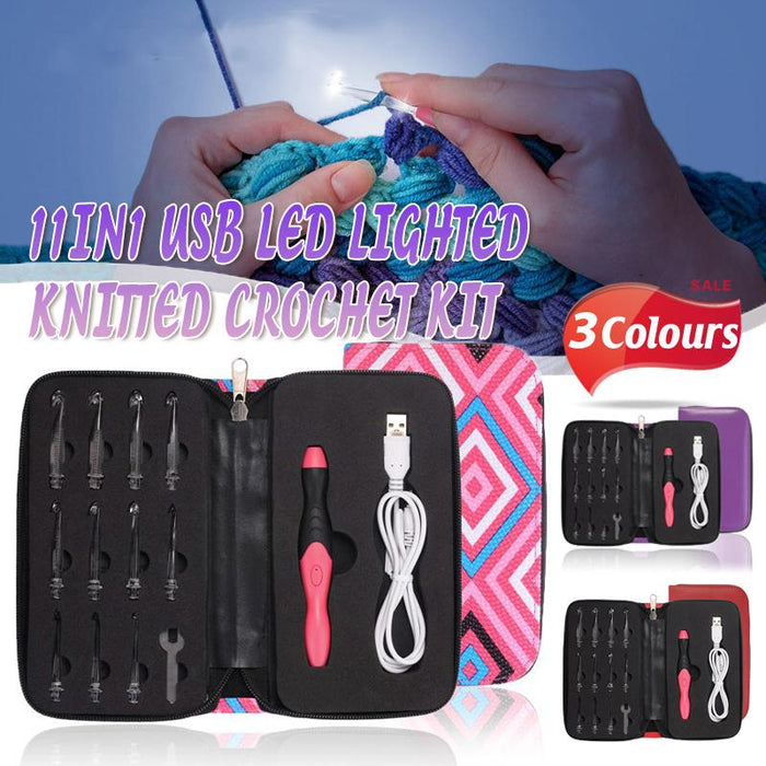 11in1 LED Lighted Crochet Hook Knitting Needles Set USB Rechargeable Weave Tool