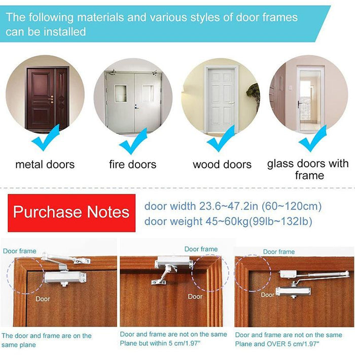 Hydraulic Door Closer Automatic Adjustable Spring Auto Closing 45-65kg Aluminum