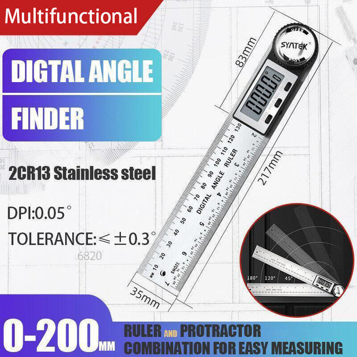200mm Digital Angle Finder Ruler Protractor Measure Meter Stainless Steel 0-360°