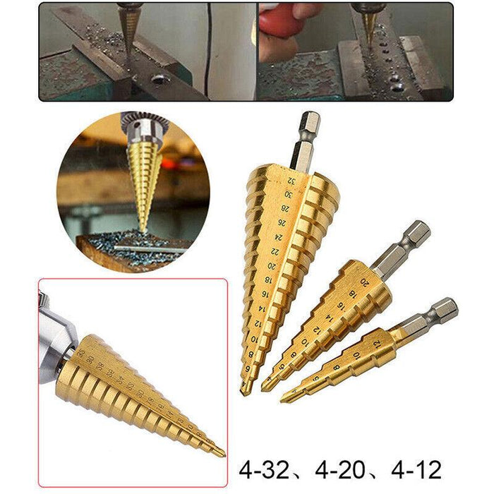 3Pcs Large HSS Steel Step Cone Drill Titanium Bit 4-12/20/32mm