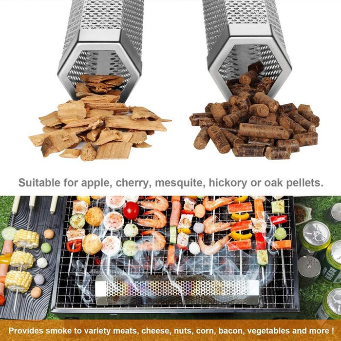 12Inch Hexagon BBQ Smoker Tube Stainless Steel Grill Accessory Smoking Box