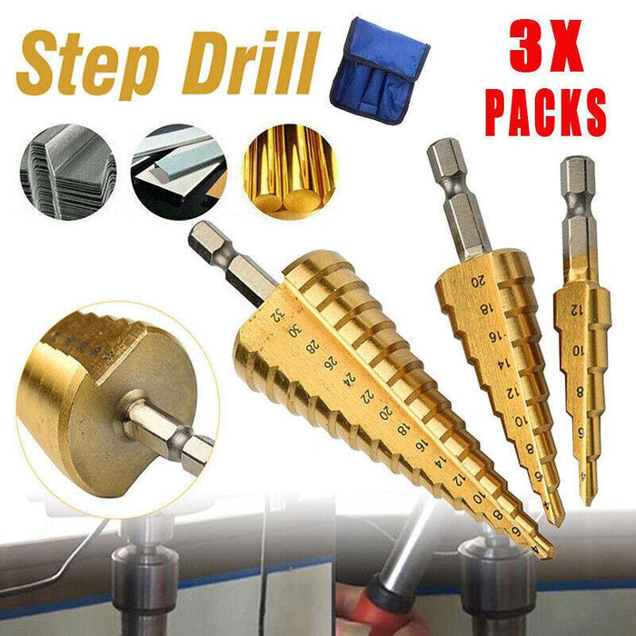 3Pcs Large HSS Steel Step Cone Drill Titanium Bit 4-12/20/32mm