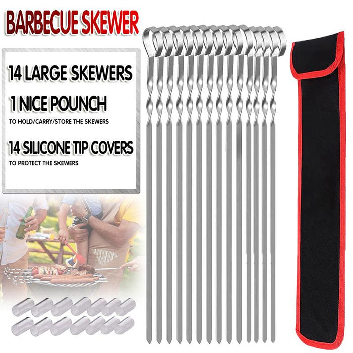 14 Pack Kabob Skewers Premium Flat Metal BBQ Barbecue Skewer Long Stainless