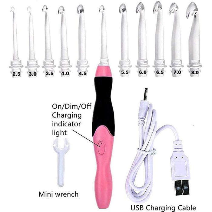 11in1 LED Lighted Crochet Hook Knitting Needles Set USB Rechargeable Weave Tool
