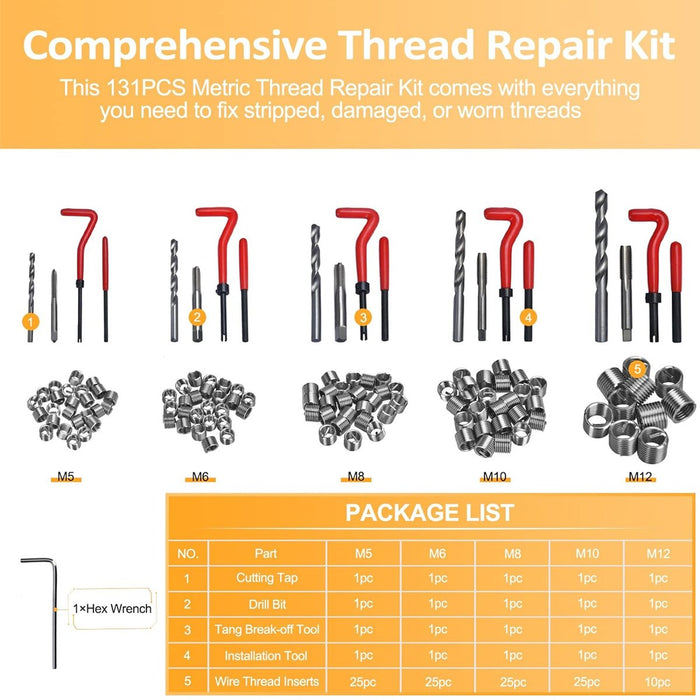 131Pc Thread Repair Kit HSS Drill Helicoil Metric Set Heli Coil Tap Insert Case