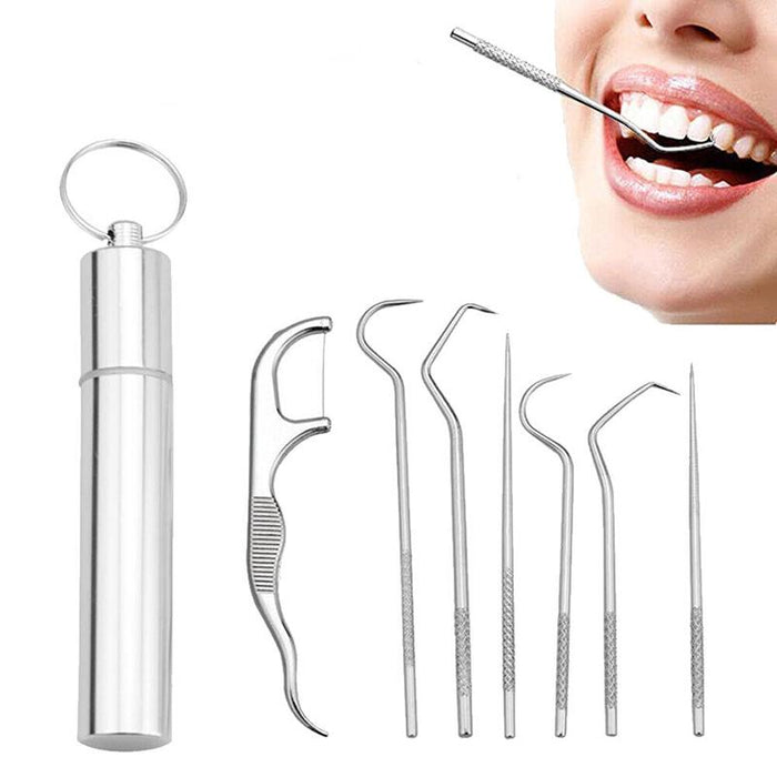 8pcs Stainless Steel Toothpick Set Metal Flossing Portable Toothpick Box Holder