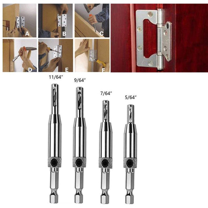 4x Self-Centering Drill Bits Hex Shank Pilot Door Drawer Hinge Hole Screw