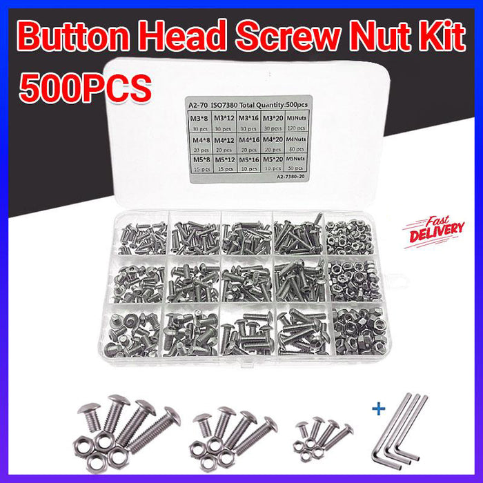 500x M3/M4/M5 Stainless Steel Hex Socket Button Head Bolts Screws Nuts Kit