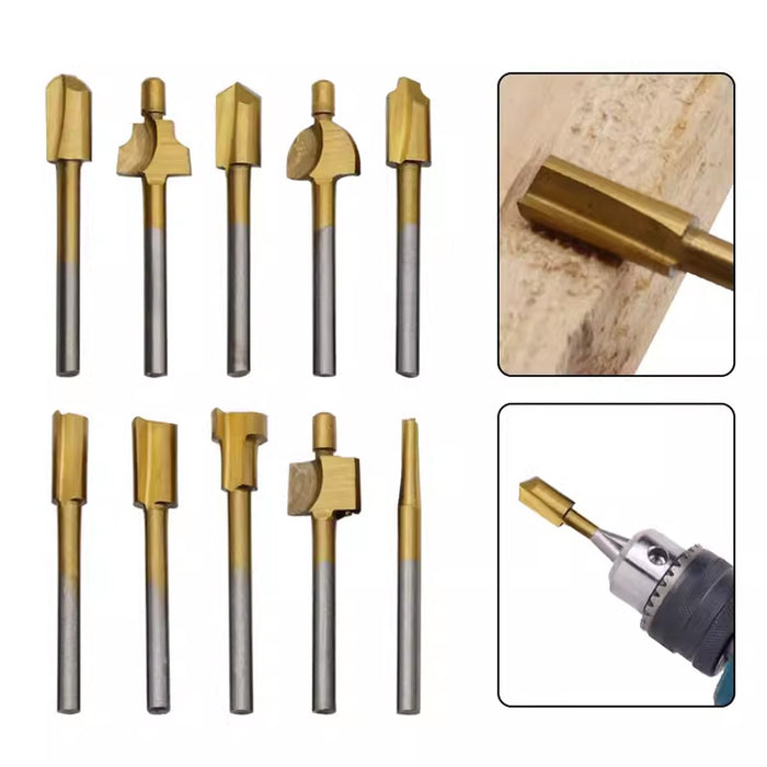 10Pcs 3mm Titanium HSS Router Bits Set for Rotary Trimmer Tools