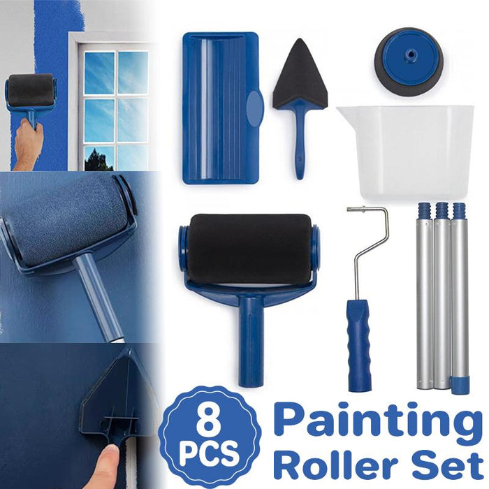 8Pcs Handle Paint Roller Pro Paint Brush Flocked Edger Wall Painting Tool Set