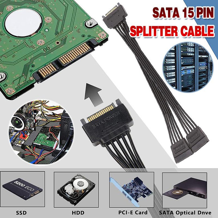 15 Pin SATA Power Y-Splitter Cable Adapter Extension 1 Male to 2 Female For HDD