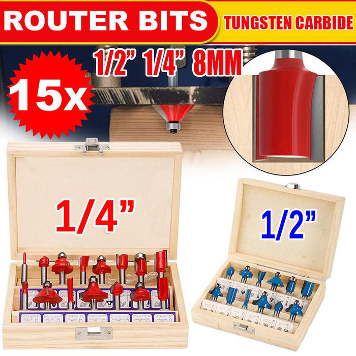 15X 1/2 1/4 inch Router Bits Set Woodworking Tool Cutter Shank Tungsten Carbide
