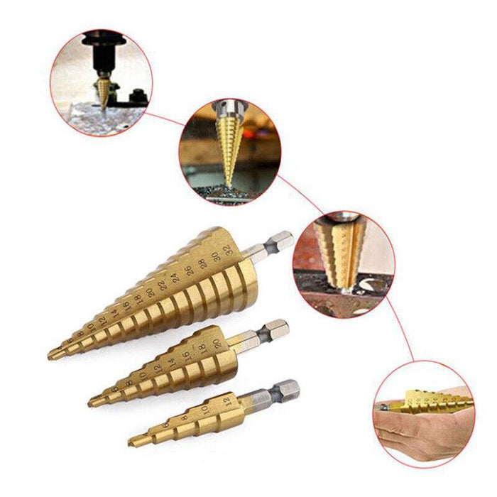 3Pcs Large HSS Steel Step Cone Drill Titanium Bit 4-12/20/32mm