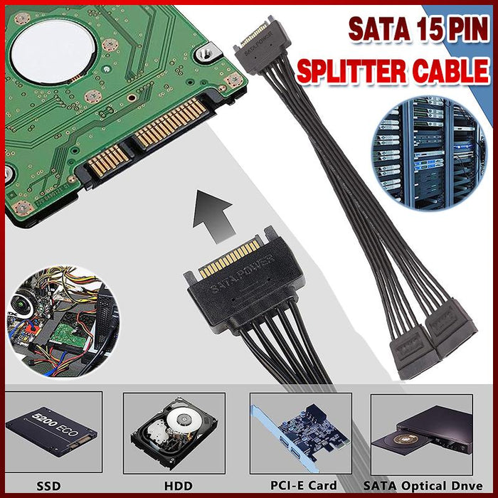 15 Pin SATA Power Y-Splitter Cable Adapter Extension 1 Male to 2 Female For HDD